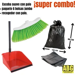 ¡¡ Super Combo!! Escoba Suave Con Palo + Recogedor Con Palo + Paquete X6 Bolsas Jumbo.