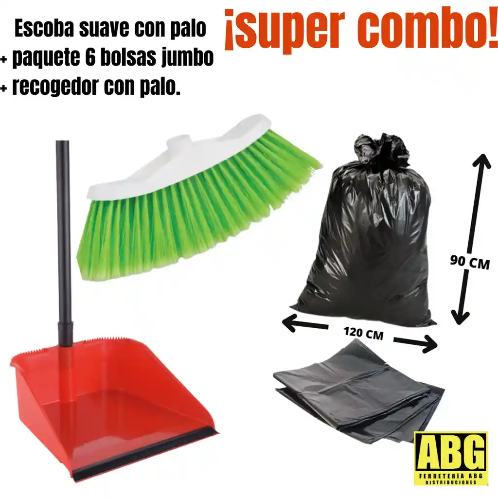 ¡¡ Super Combo!! Escoba Suave Con Palo + Recogedor Con Palo + Paquete X6 Bolsas Jumbo.