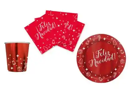 Set Platos, Vasos, Servilletas Feliz Navidad Metalizado Brillante