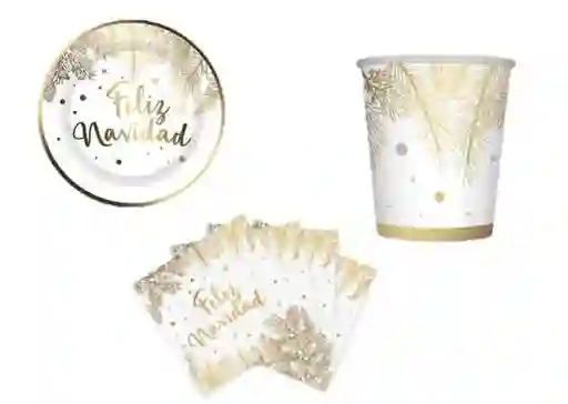 Set Platos, Vasos, Servilletas Feliz Navidad Dorado Metalizado Brillante