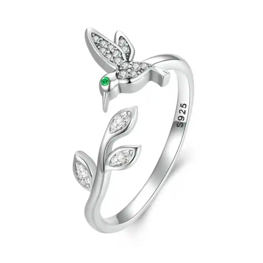 Anillo Ajustable Para Mujer Pájaro Colibrí Rama Fabricado En Plata 925