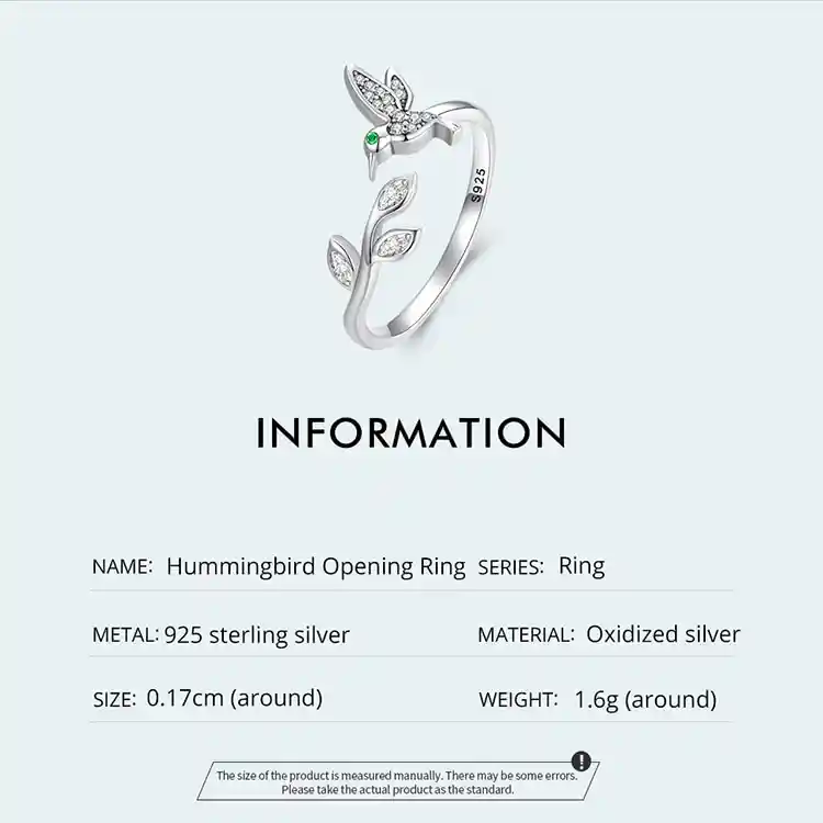 Anillo Ajustable Para Mujer Pájaro Colibrí Rama Fabricado En Plata 925