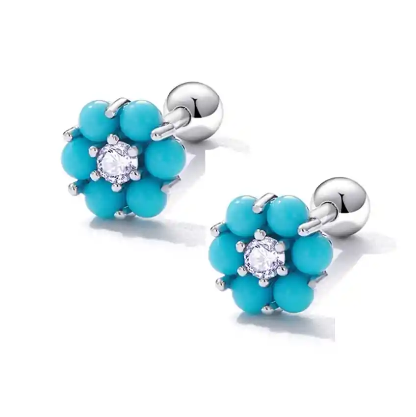 Aretes Flor Con Turquesas Para Mujer Fabricado En Plata 925