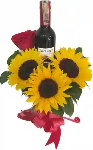 Flores De Girasoles Y Vino En Caja De Corazón