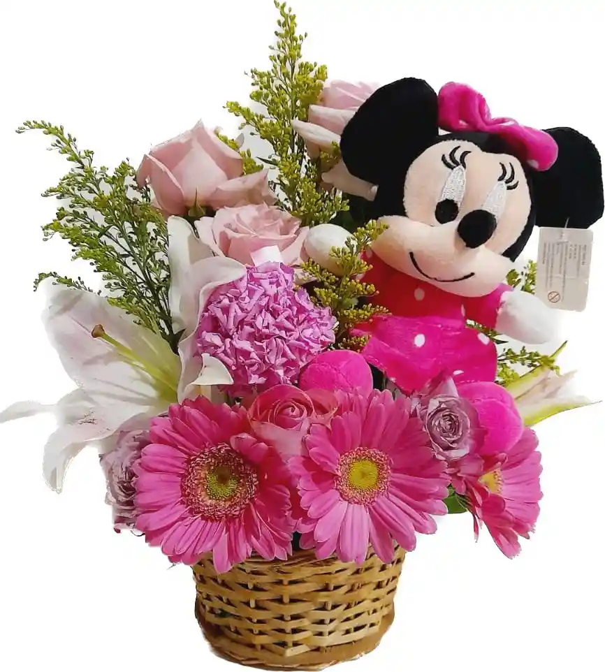 Flores De Gerberas, Rosas Y Lirio Con Peluche De Minnie En Cesta