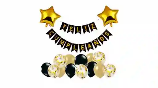 Kit Decoración Feliz Cumpleaños Dorado Y Negro