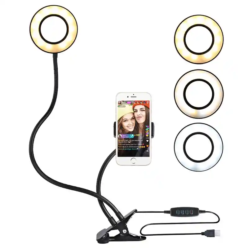 Aro De Luz Con Clip Soporte Flexible 360º Con Luz Led 3 Tonos Negro