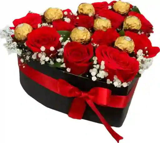 Flores De Rosa En Caja De Corazón, 24 Rosas Y Ferreros X8