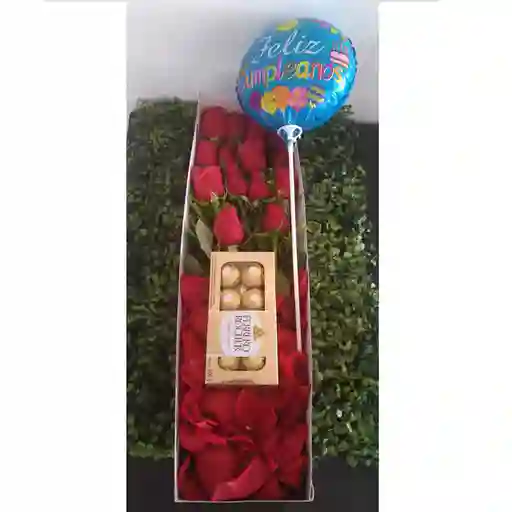 14 Rosas Con Ferrero X8 Y Globo En Caja