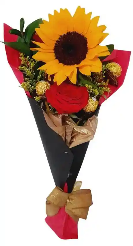 Flores De Girasol Y Rosa Con 3 Chocolates En Bouquet