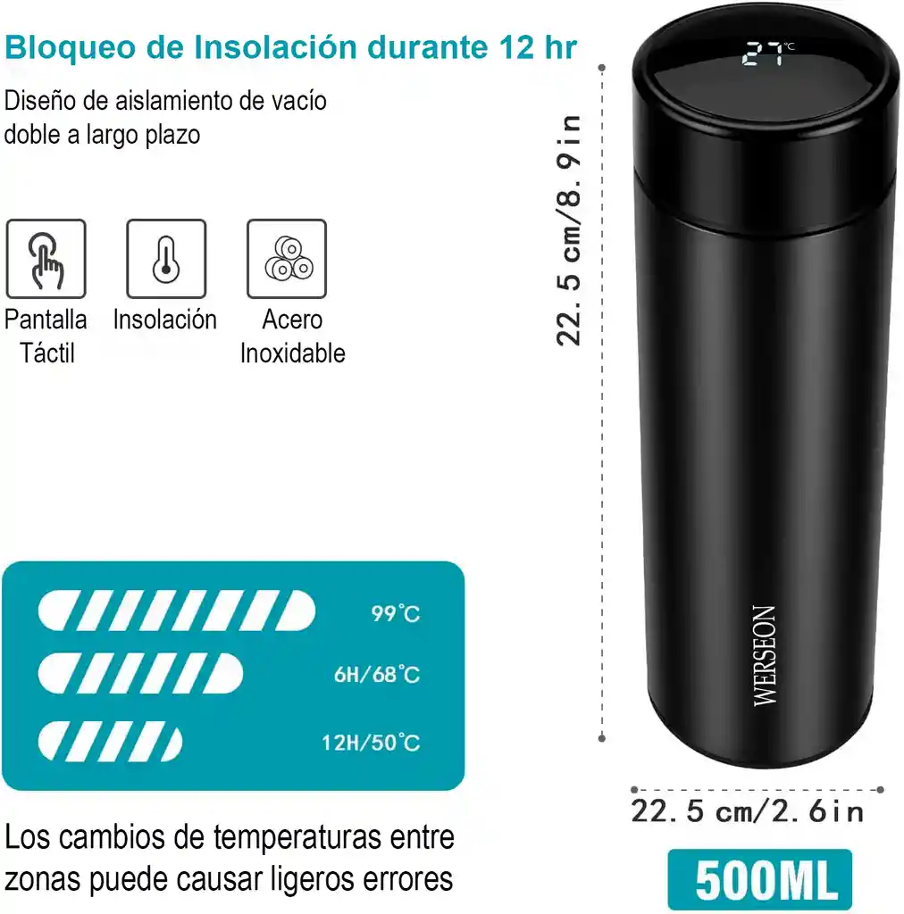 Termo Botella Bebidas Térmico Inteligente Medidor Temperatura Digital
