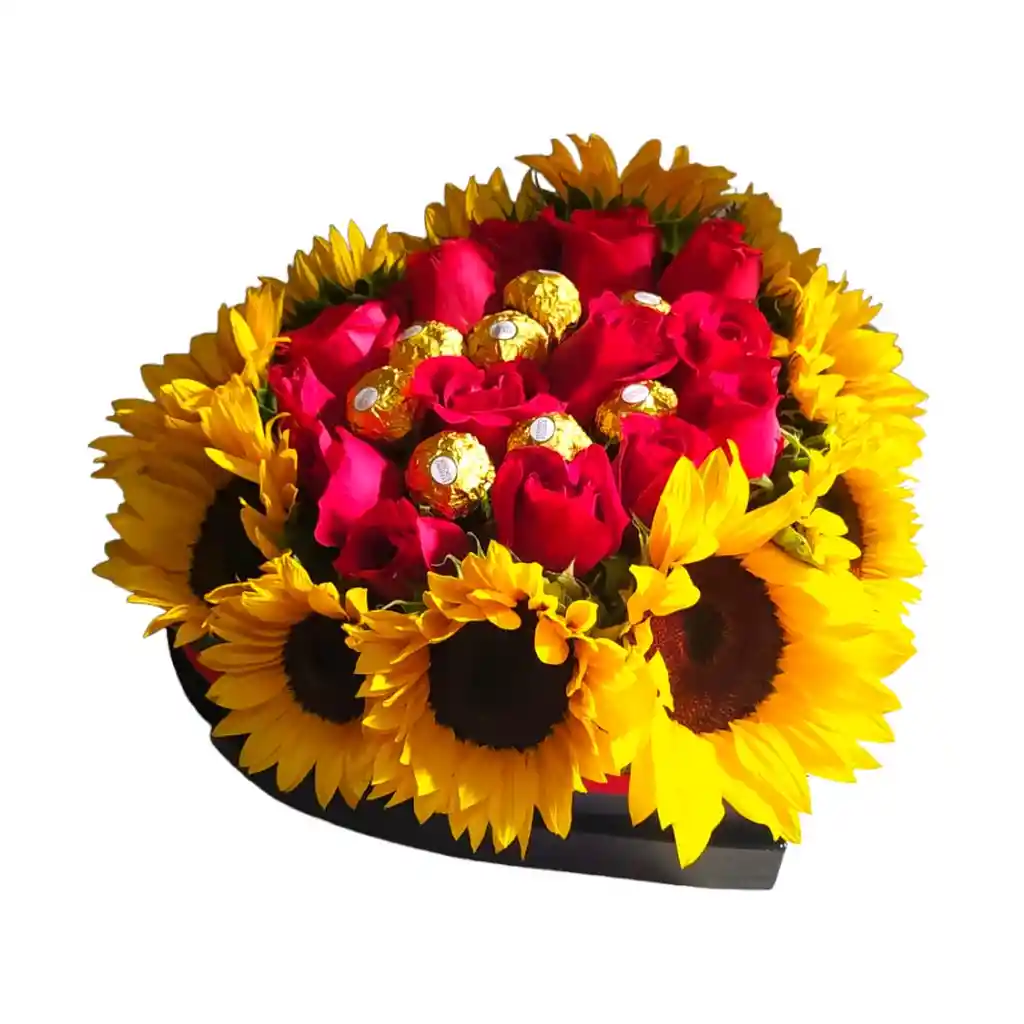 Girasoles Y Rosas Con Chocolates En Base Corazon Negro