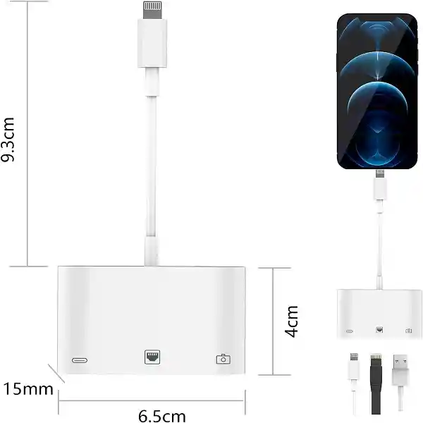 Adaptador Iphone 3 En 1 Lightning A Rj45 Internet Cámara Lan Convertidor