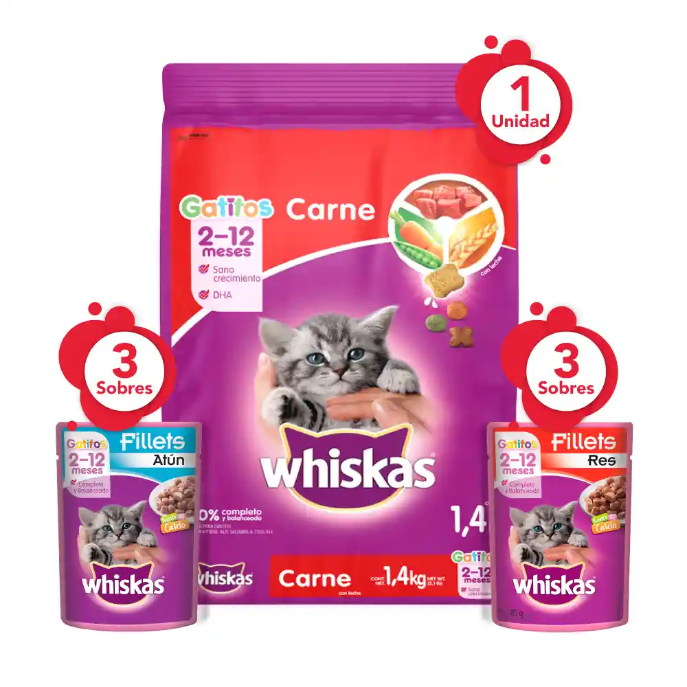 Whiskas Comida Para Gatitobulto Carne 1.4kg + Comida Humeda Mx