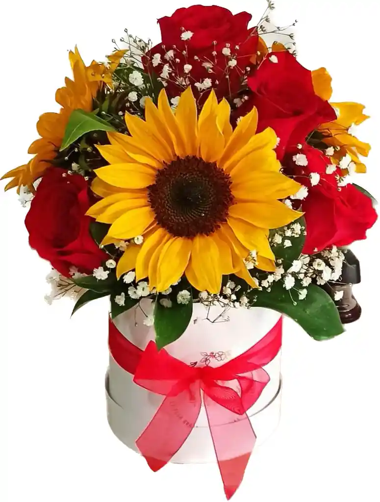 Flores De Rosas Y Girasoles En Caja
