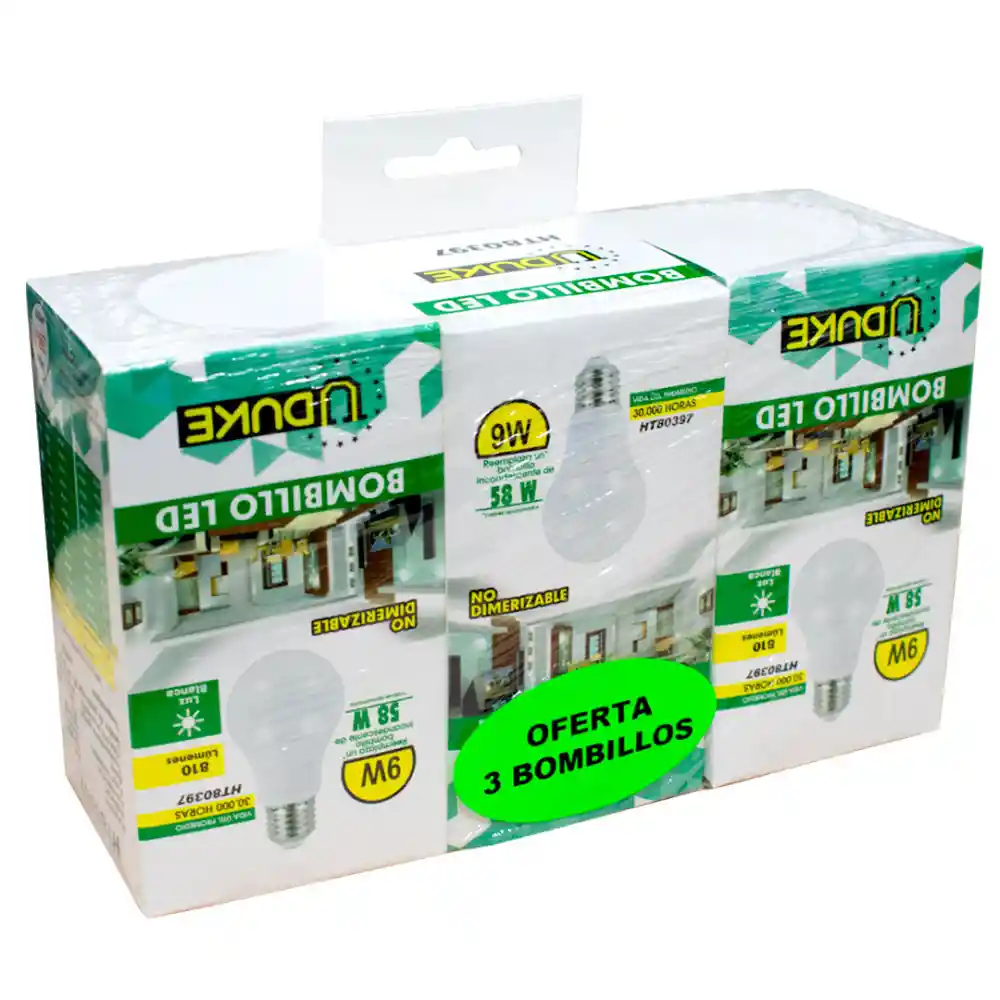 Combo X 3 Bombillo Led 9w Uduke Luz Dia E27 (6500k)(ht80397)