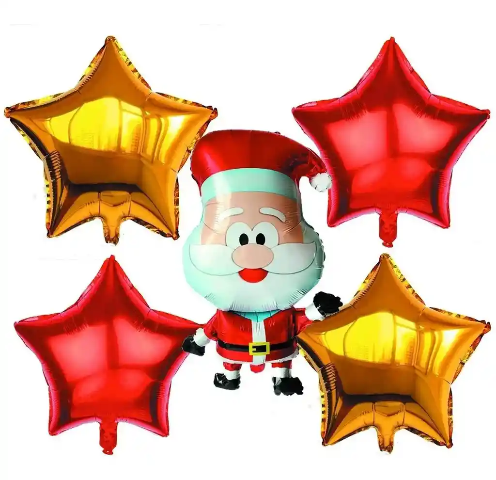 Kit Bouquet Globos Papa Noel Santa Estrellas Rojo Dorado