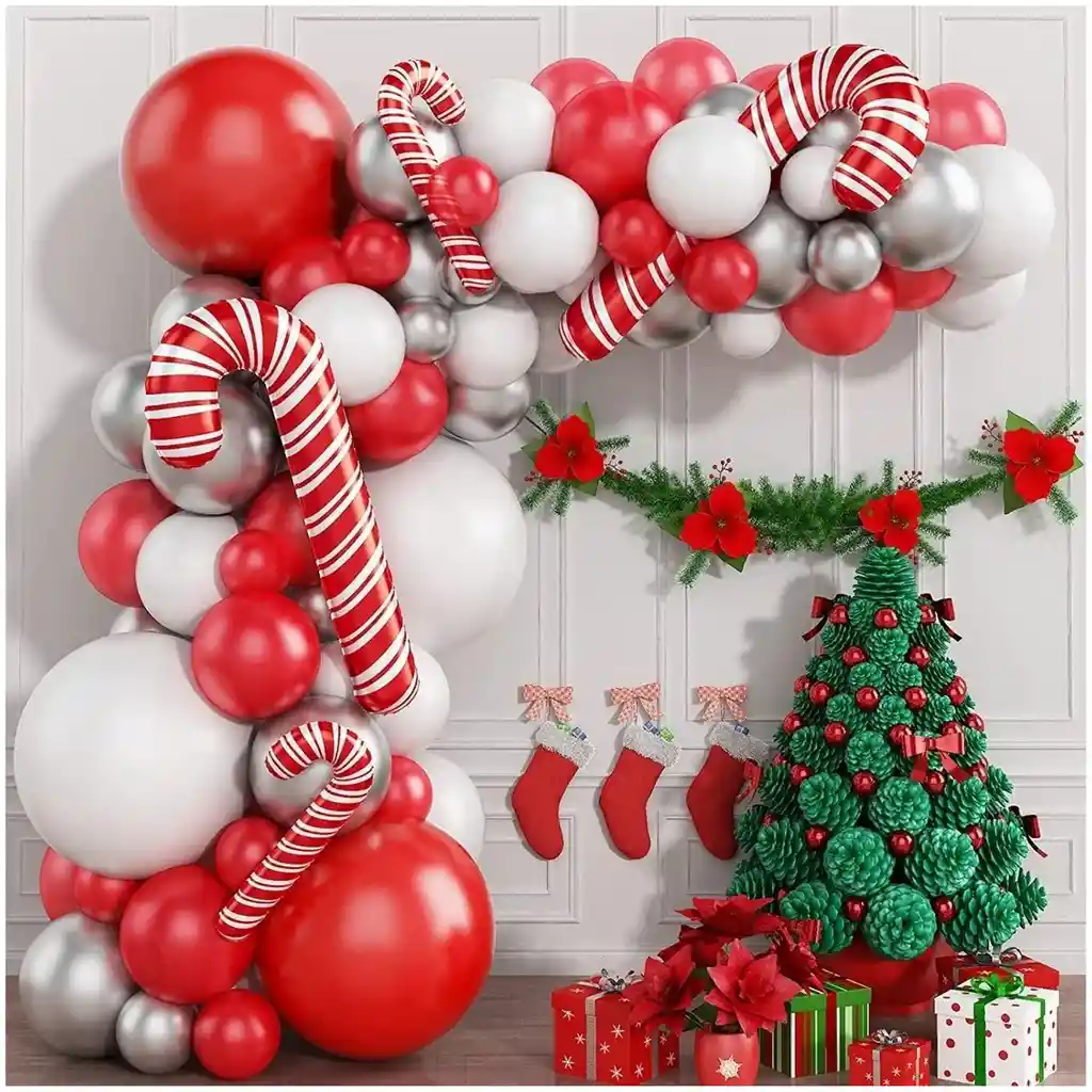 Globos Arco Decoracion Rojo Plateado Baston Navidad Fin Año