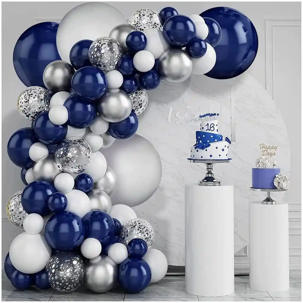 Globo Kit Decorativo Azul Naval Blanco Plateado Boda Shower