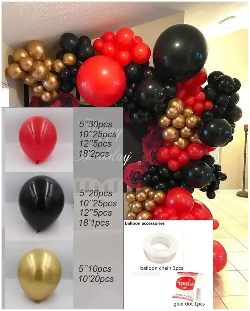 Globo Arco Rojo Negro Dorado Grado Cumpleaños Boda