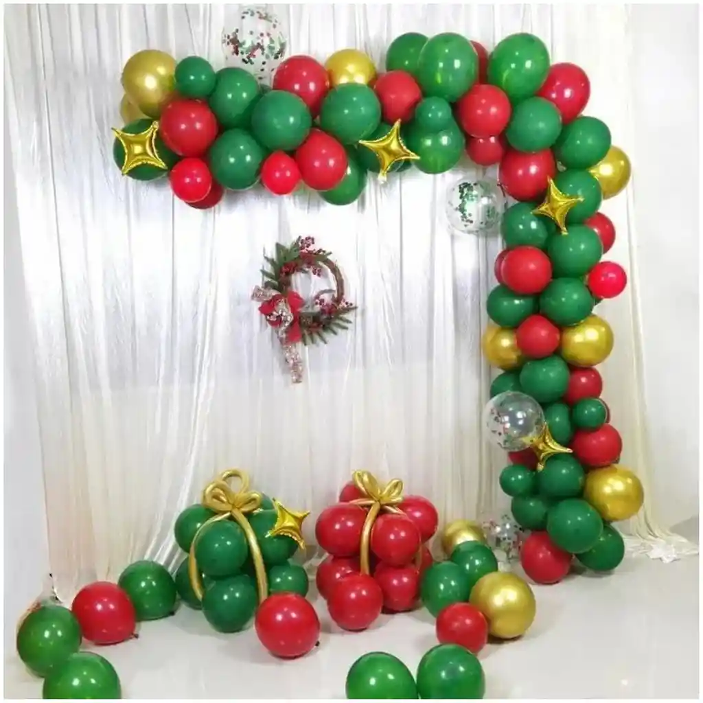 Decoracion Globos Arco Verde Dorado Rojo Estrella Navidad