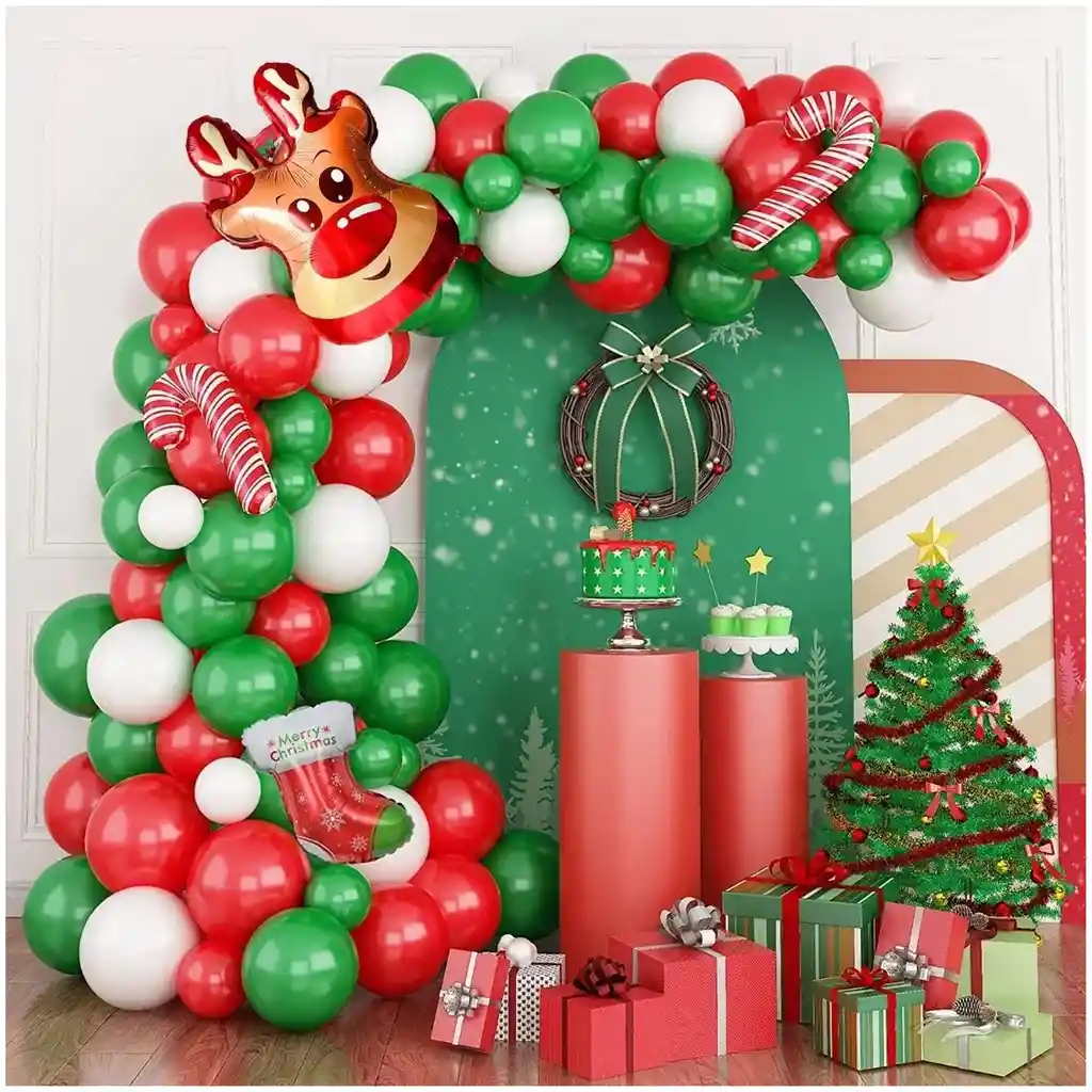 Navidad Arco Globos Decoracion Verde Rojo Dorado Reno Bota