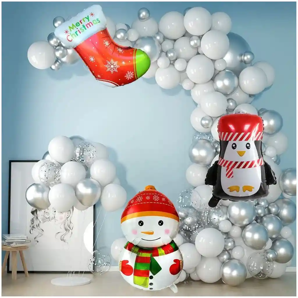 Globos Navidad Arco Blanco Plateado Nieve Pinguino