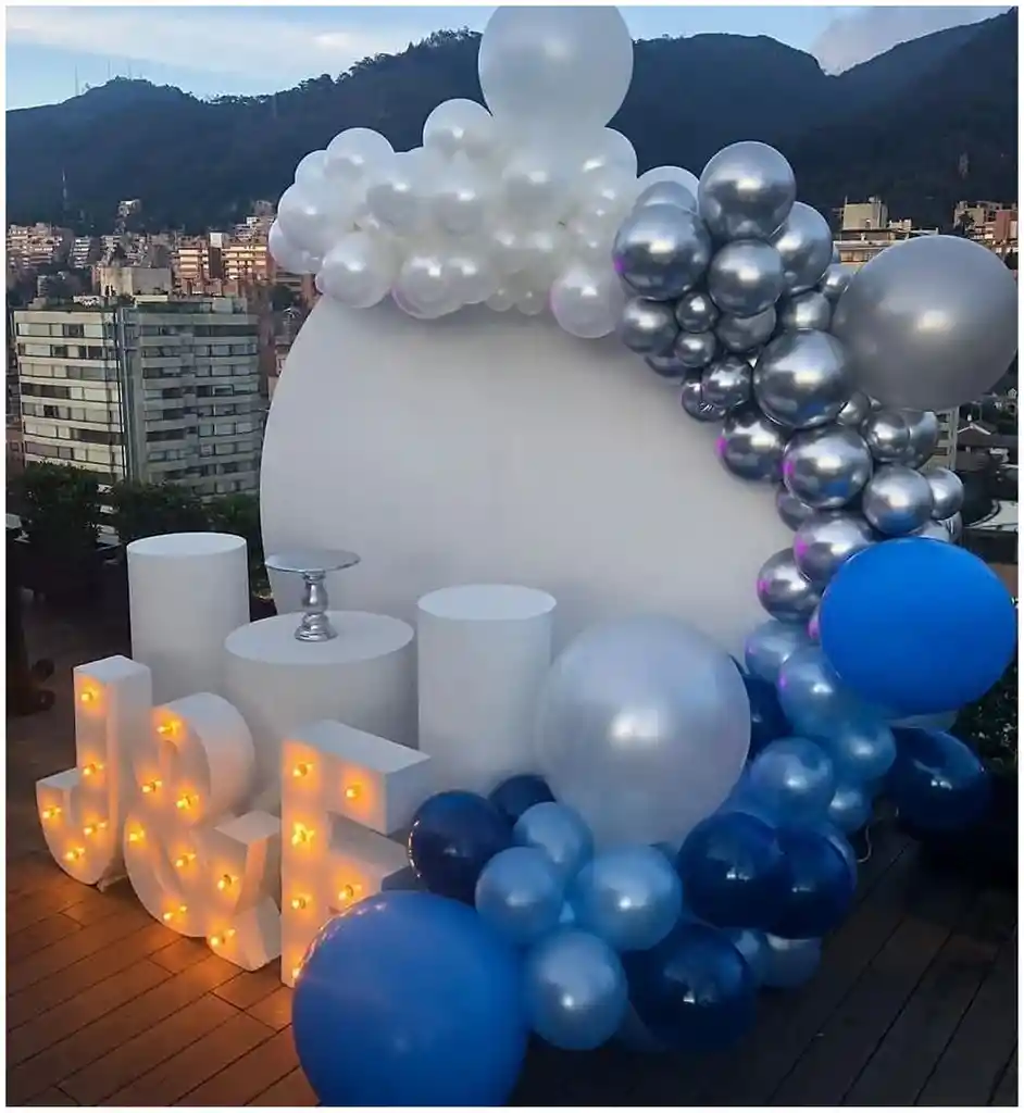 Decoracion Arco Globos Blanco Azul Plateado Boda Cumpleaños