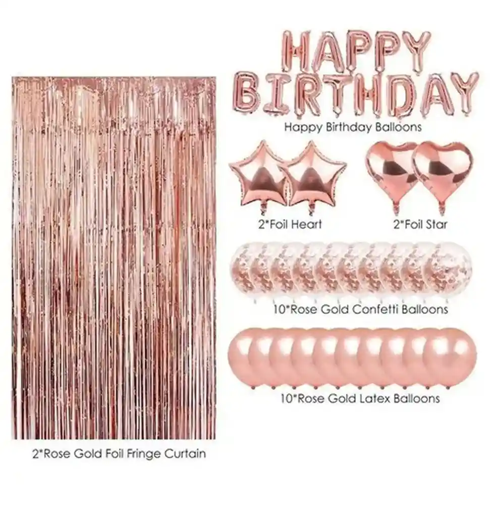 Decoracion Globos Cumpleaños Happy Birthday Cortina Letrero Oro Rosa