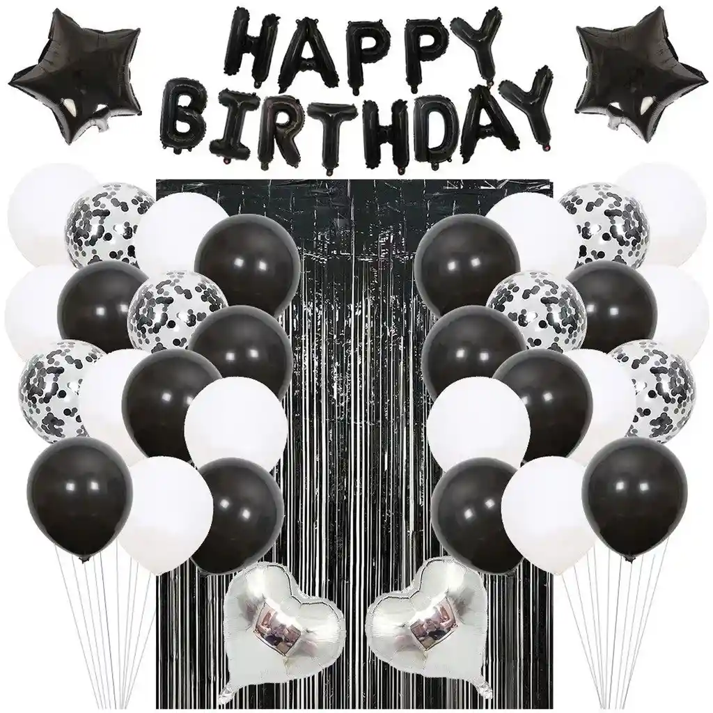 Decoracion Globos Cumpleaños Happy Birthday Cortina Letrero Negro