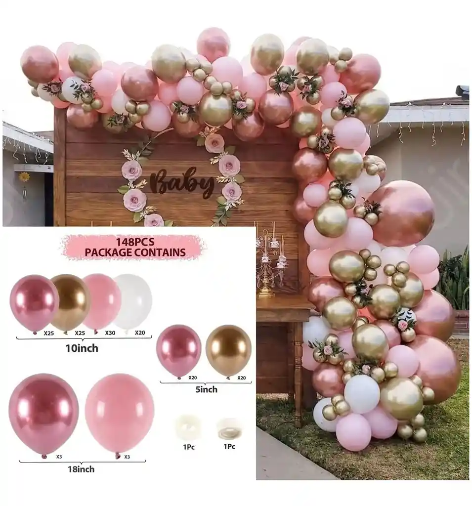 Kit Decoracion Arco Fiesta Oro Rosa Globos Bombas 148 Piezas