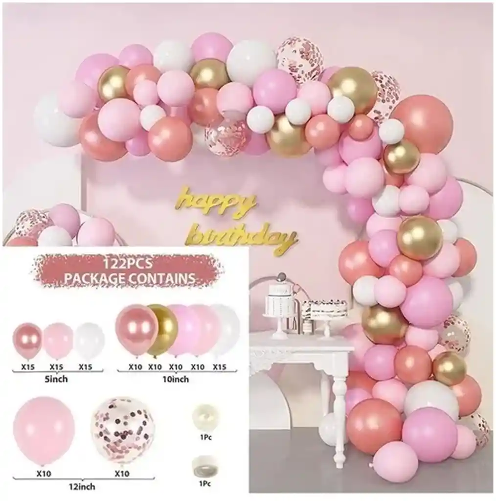 Kit Decoracion Fiesta Rosado Globos Bombas 122 Piezas