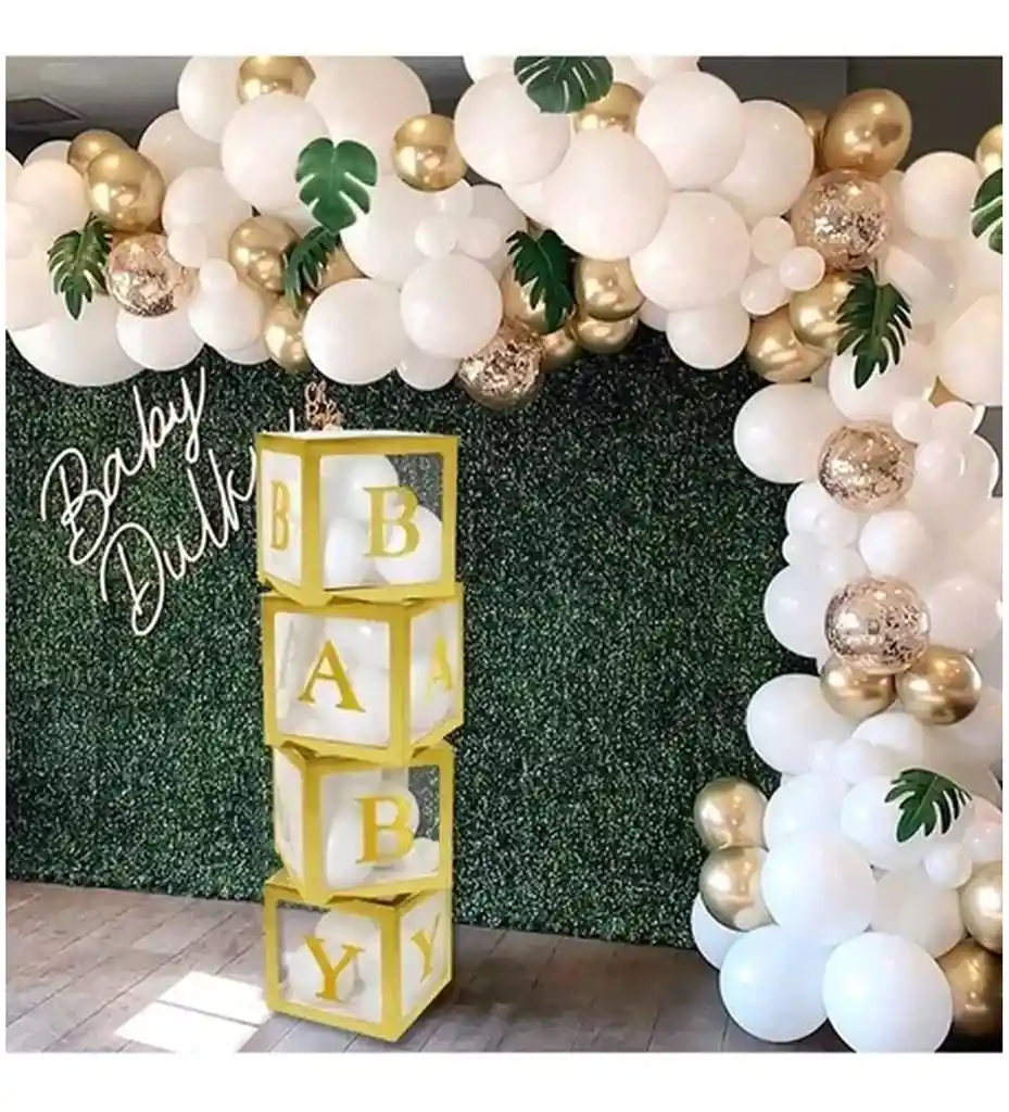 Arco De Globos Baby Shower Blanco Dorado+ 4 Cubos Mobiliario