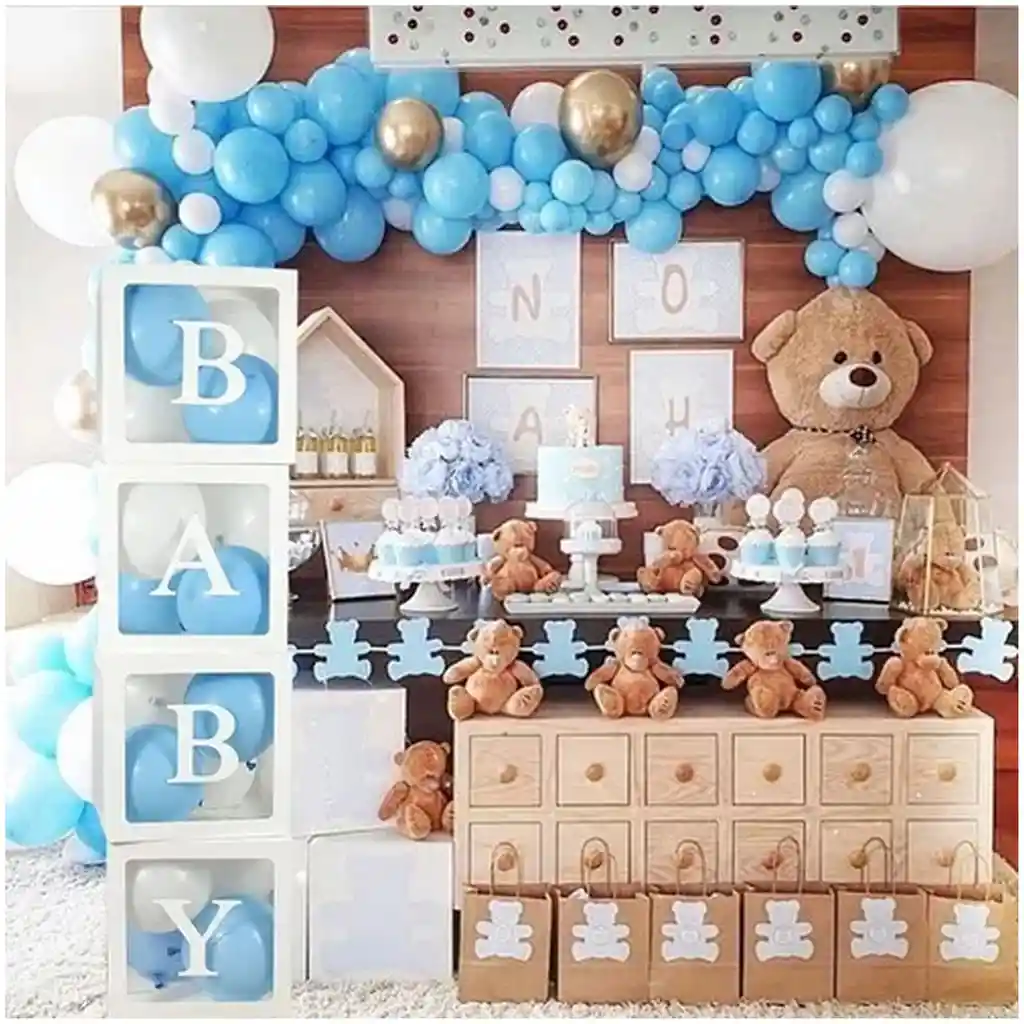 Arco De Globos Baby Shower Azul + 4 Cubos Mobiliario