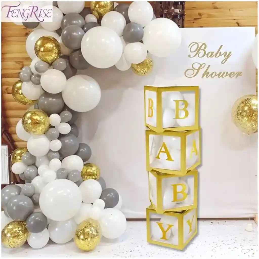 Arco De Globos Baby Shower Blanco Gris + 4 Cubos Mobiliario