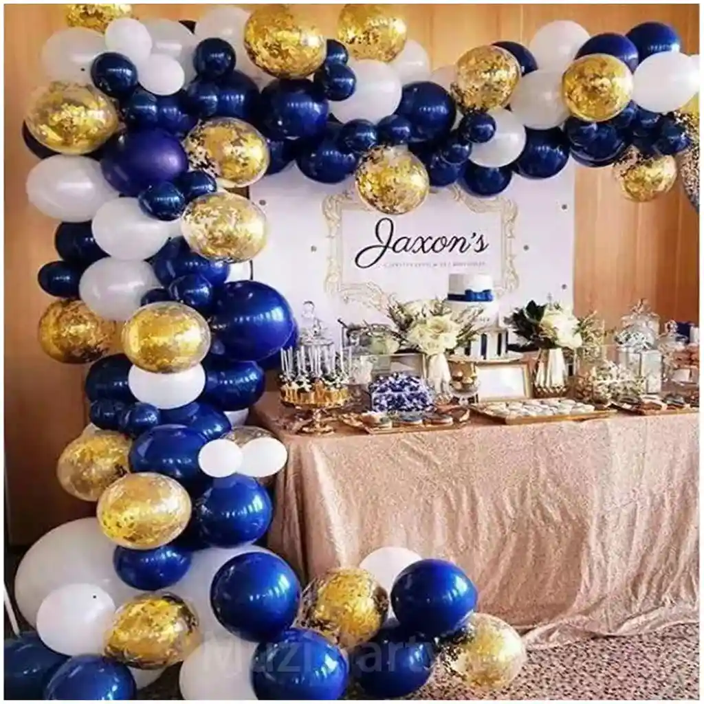 Decoracion Arco Globos Azul Blanco Dorado Cumpleaños Boda