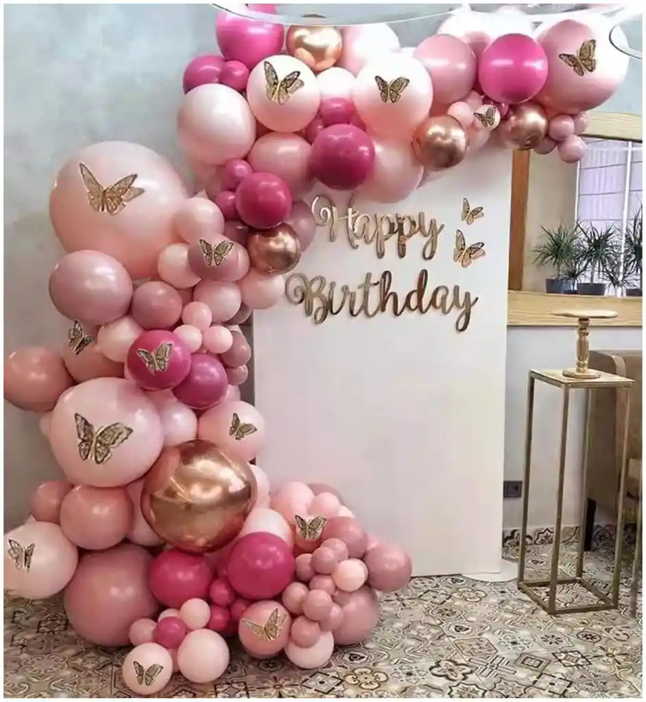 Arco Globos Decoracion Fucsia Rosado Cumpleaños + Mariposas