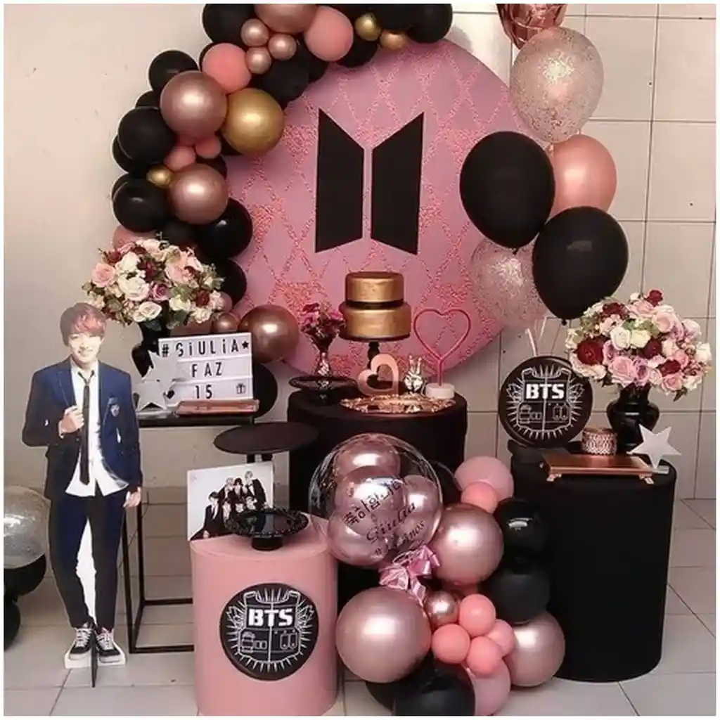 Globos Arco Negro Dorado Palo De Rosa Bts Pop Coreano