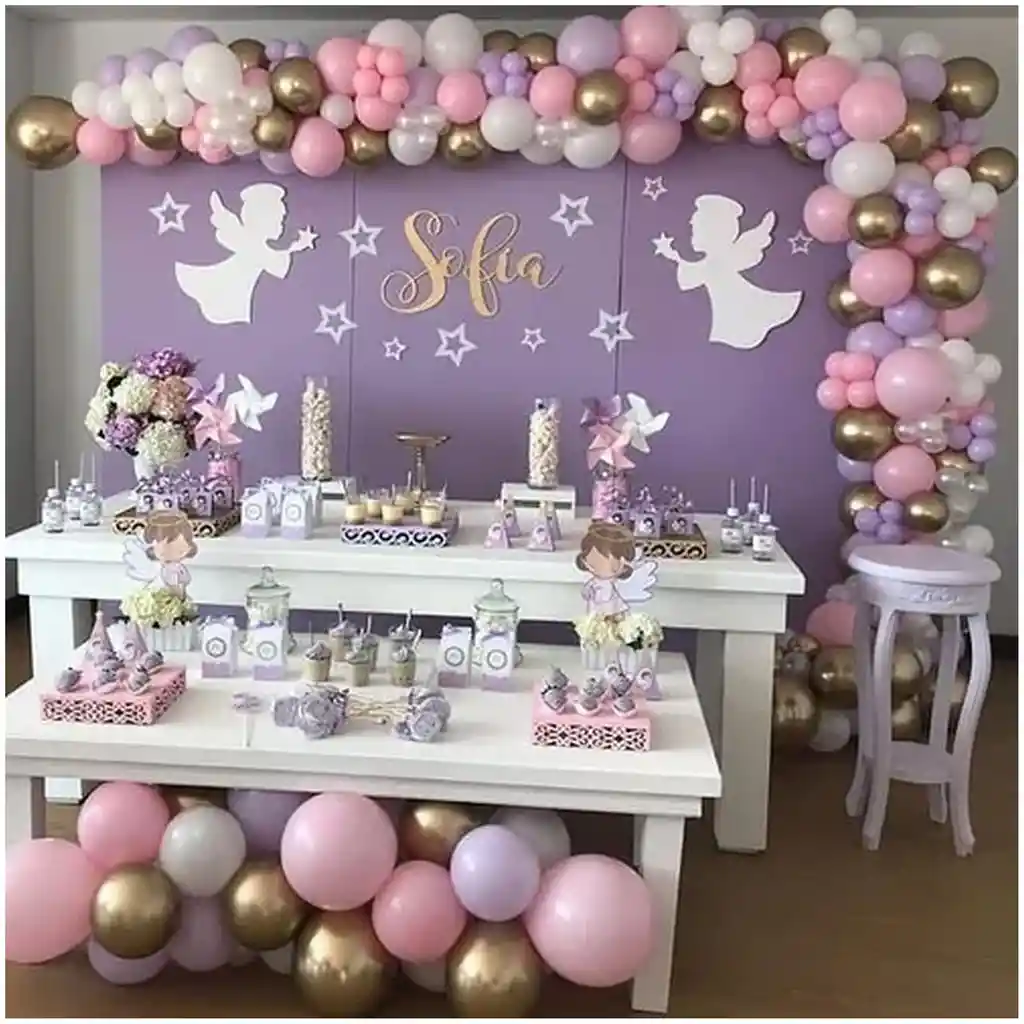 Decoracion Globos Arco Dorado Rosado Morado Cumpleaños Boda