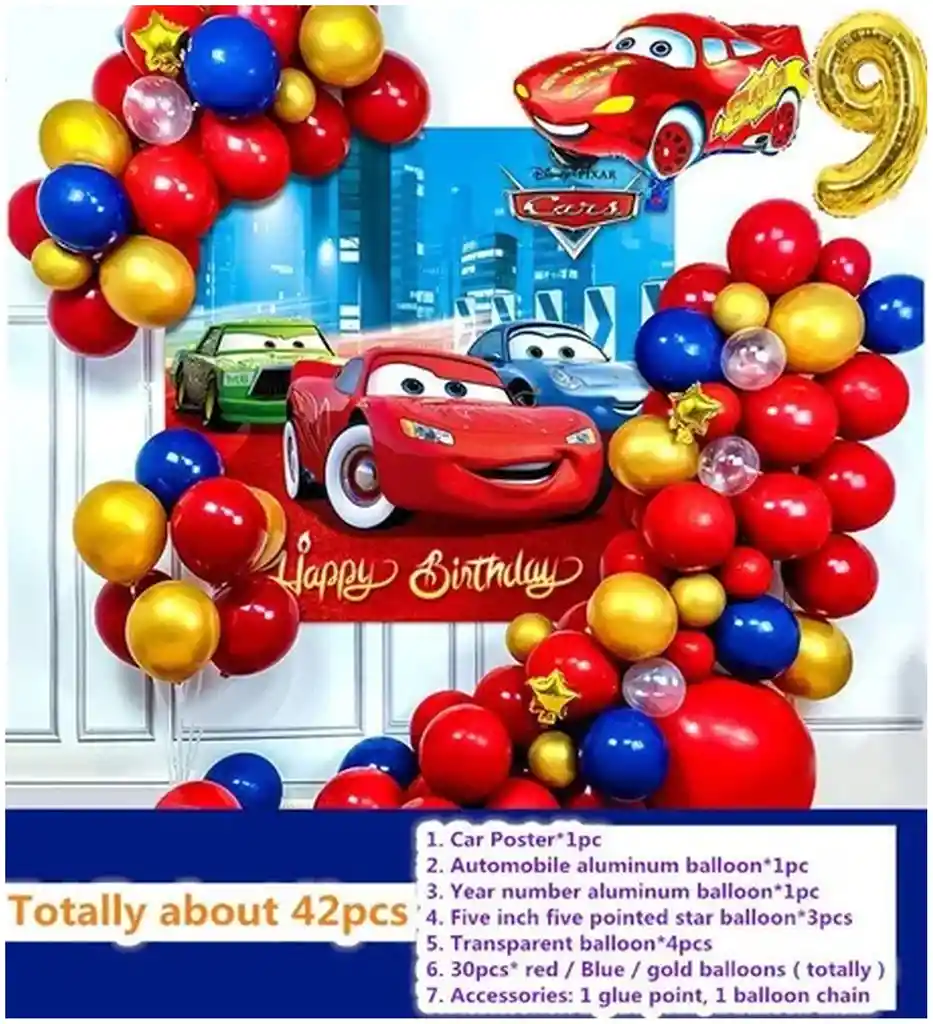 Decoracion Globos Cars Rojo Azul Dorado Cumpleaños Niño 9