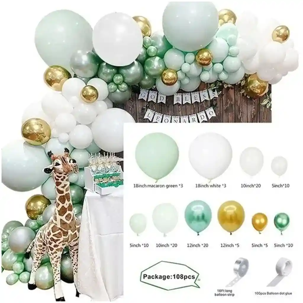 Decoracion Globos Verde Blanco Arco Boda Cumpleaños Y Grado