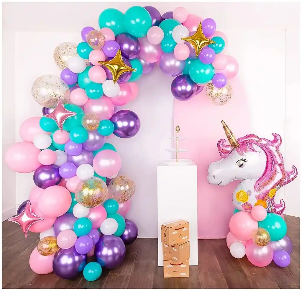 Kit Globos Rosado + Base 7 Globos + Mantel+ Globo Unicornio