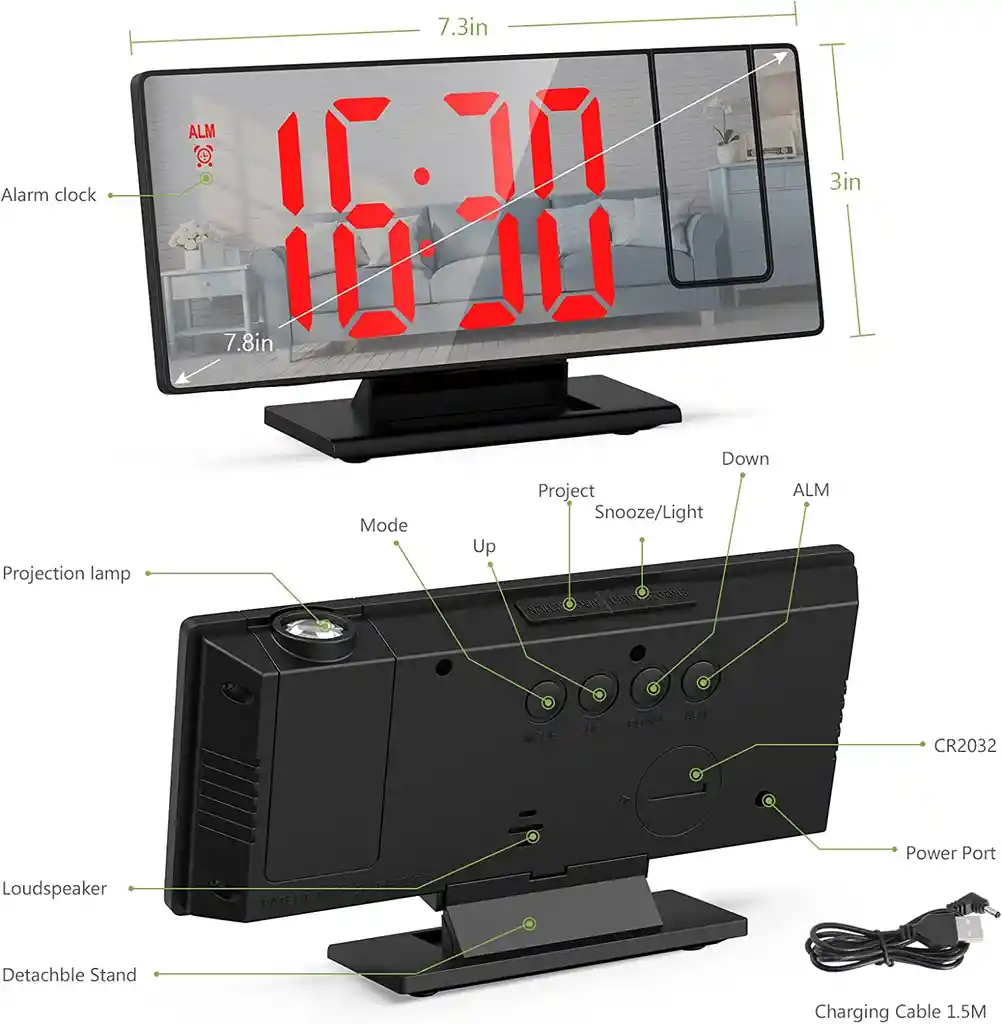 Reloj Despertador Digital Alarma Lcd Proyector Hora Espejo