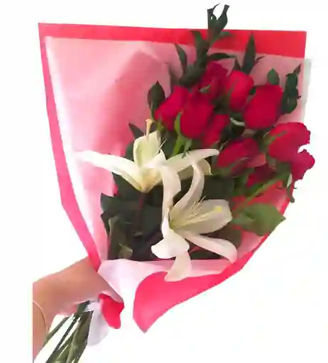 Bouquet De 12 Rosas Rojas Y 2 Varas De Lirio Blanco.