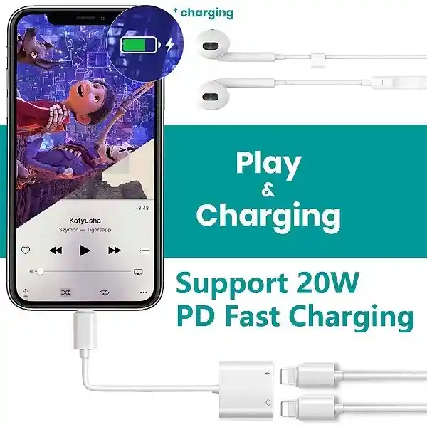 Adaptador Para Iphone Dual Audífonos Lightning Carga