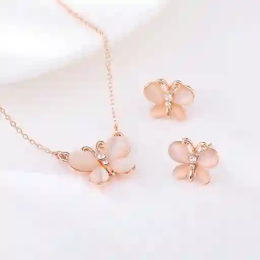 Set Aretes Y Collar Veramorest Mariposa Rosa