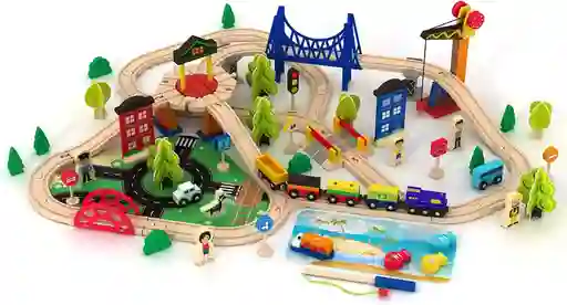 Pista Grande De Trafico Para Niños, 108 Piezas, Pista De Tren De Madera