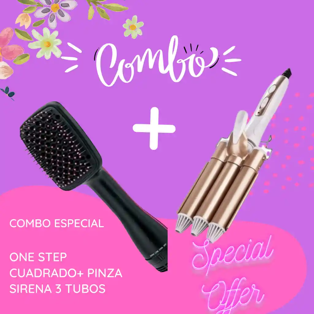 Combo One Step Cuadrao + Plancha / Pinza De Cabello Ondas De Sirena Rizadora