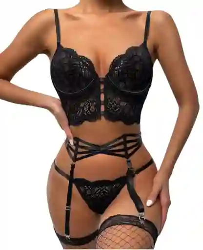 Conjunto Lenceria Sexy Ropa Interior Corset Negro 57