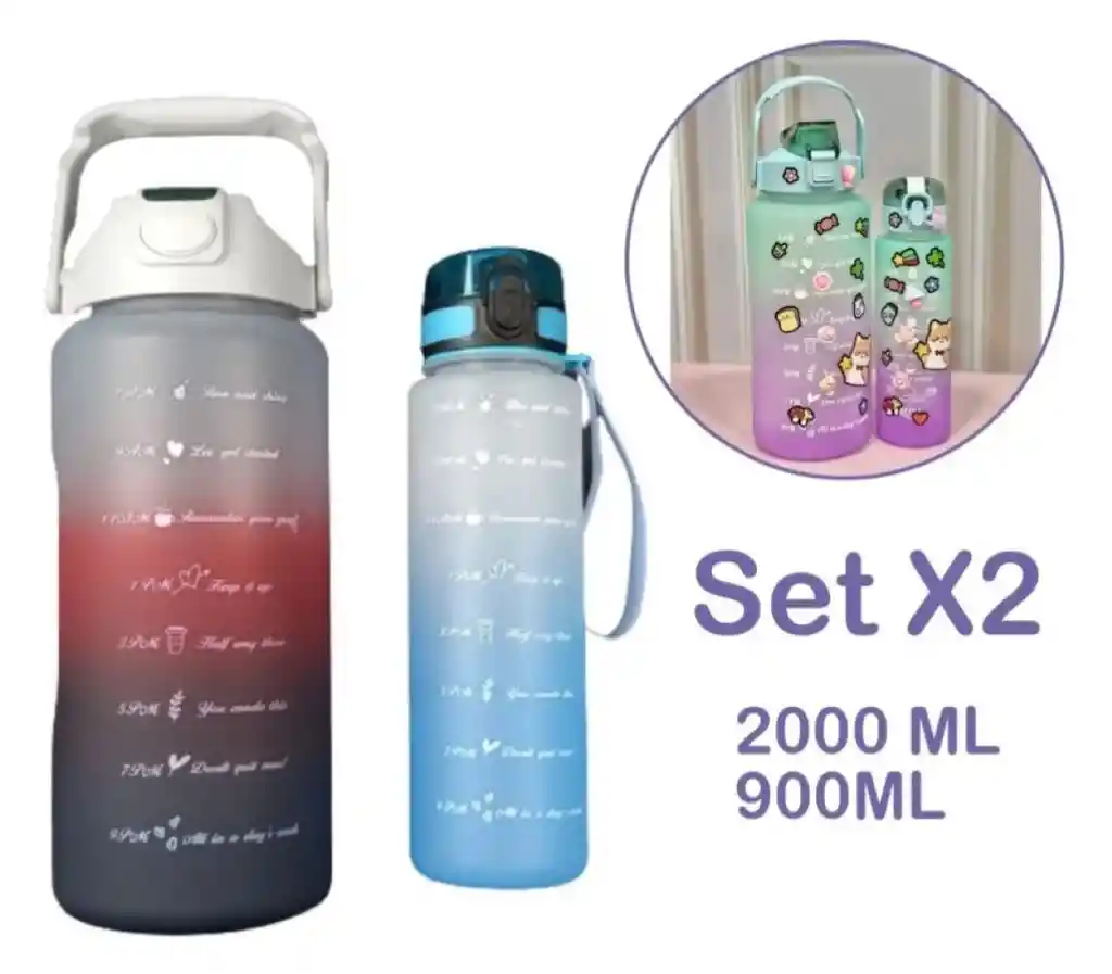 Termo Botella De Agua X 2 Motivacional Mas Sticker 2 Litros Verde Con Morado